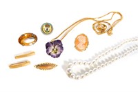 SEVEN ANTIQUE PINS WITH PEARL NECKLACE