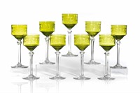NINE YELLOW GREEN BOHEMIAN GLASS WINE STEMS