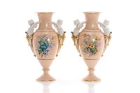 PAIR OF HAND PAINTED URN FORM PORCELAIN VASES
