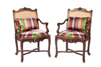 PAIR OF FRENCH CARVED WOOD & CANED ARMCHAIRS