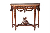 FRENCH CARVED FRUITWOOD MARBLE TOP CONSOLE TABLE