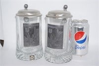 Set of 2 Lidded Pewter & Glass Steins