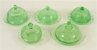 5 Green Depression Glass Butter Dishes, Love Birds