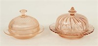 Pink Depression Swirl & Homespun Butter Dishes