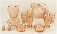12 Pcs. Manhattan Depression Glass & Etched Vase