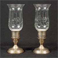 Pair Sterling Candlesticks w/ Hurricane Shades