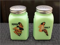 Pair of pinup jadeite salt/pepper shakers