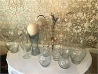 Large Lot of Glass Vases, Ostrich(?) Egg, etc...