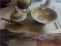Vintage 3pc Brass Items, Tray, Bowl, Tea Pot