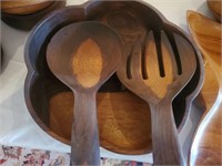 Wood Salad Bowl W/ Wood  Serving Spoon/ Fork