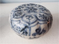 Antique Ceramic Blue/ White Round Covered Trinket