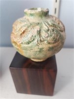 Antique Ceramic Vase, Beige/ Green W/ Wood Stand