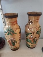 Antique Pair Asian Vases, Beige, Green, Marked