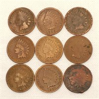 9 Indian Head Pennies 1886-1907