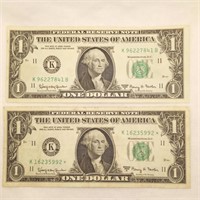 2 $1 Fed Res Notes 1963 A