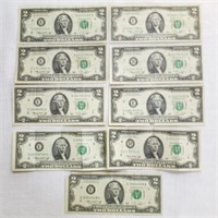 9 $2 Fed Res Notes 1976