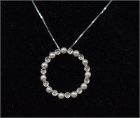 14k White Gold Diamond & Seed Pearl Halo Necklace