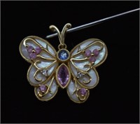 14k Gold Multi-Gemstone Butterfly Pendant