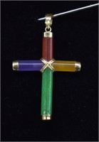 14k Gold Multi-Color Jade Cross Pendant