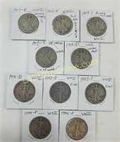 10 World Wars I & II Walking Liberty Half Dollars