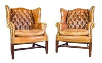 Pair of English Leather Wing Chairs