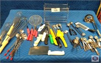 Lot of Kitchen implements, knives, whisk, spoons a