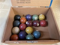 Wood Cigar Box of Old Game Balls Pool Snooker
