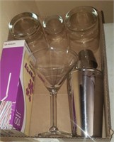 Martini Glass & Shaker, Plastic Straws, Glass Cups
