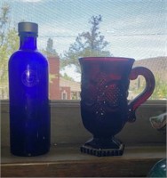 Blue Bottle, Red Glass Mug