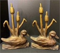 Old Brass Cattail Duck Andirons pair; 19" tall