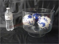 Glass Bowl w Blue & White Decorative Balls