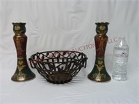 Porcelain Candlesticks & Metal Handled Basket