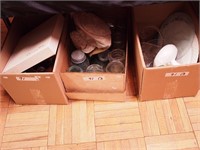 Three boxes of canning jars, china and glass
