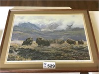 AUTUMN THUMDER-MUSKOXEN FRAMED PICTURE, SIGNED &