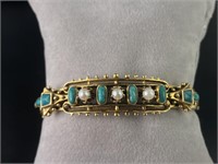 14K Yellow Gold w/ Turquoise & Pearls Bracelet 22g