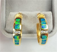 Pair Of 14K Yellow Gold, Opal, & Diamond Earrings