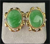 18K Yellow Gold w/ Diamonds & Jade Earrings 10.3g