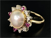 14K Gold Mabe Pearl w/ Diamonds & Rubies Ring