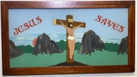 Folk Art Primitive Reverse Painting Jesus Saves