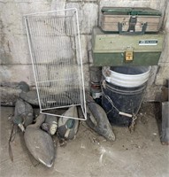 Misc. Lot (shelf, decoys, tackle boxes, buckets