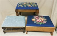 Floral Needlepoint and Upholstered Footstools.