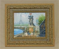 Parisian Eiffel Tower Scene Oil on Board, Signed.
