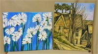 Unframed Oils on Canvas of a House and Daisies.