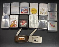 Assorted Zippo Lighters, Tape Measures And Knives
