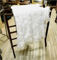 Walnut Quilt Stand with Hand Crochet Tablecloth.