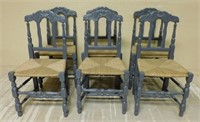 French Farmhouse Shell Crowned Painted Oak Chairs.