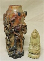 Carved Shoushan Stone Vase and Soapstone Buddha.
