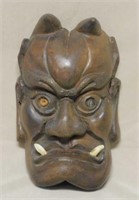 Japanese Wooden Carved Oni Noh Mask.