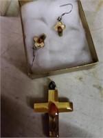 ROSE CROSS NECKLACE AND EARRINGS - STERLING