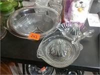 Depression glass juicers and mixing bowl. Light